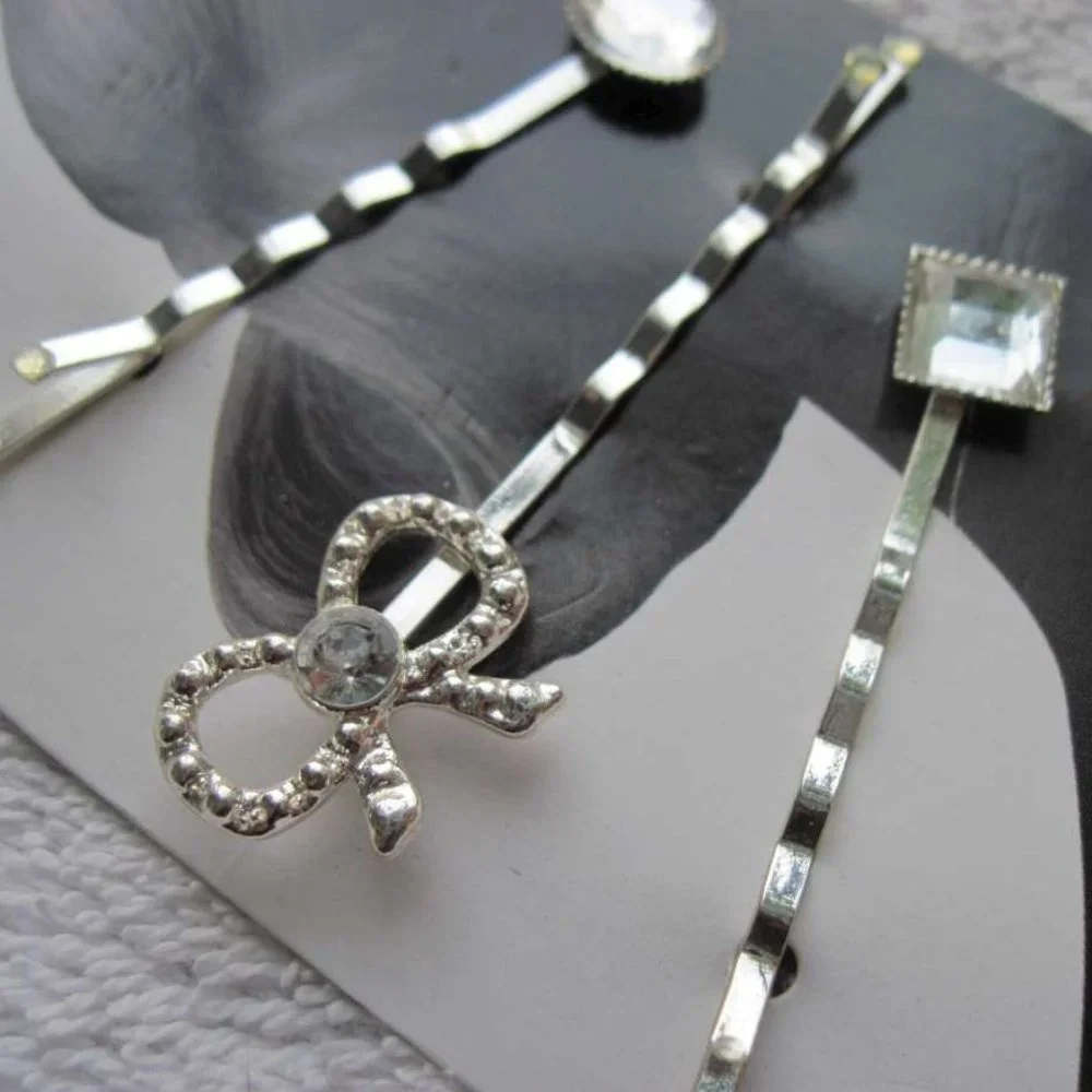 3 Goody Shiny Silver Diamond Gem Bow Oval Metal Collins Bobby Slide Hair Pins